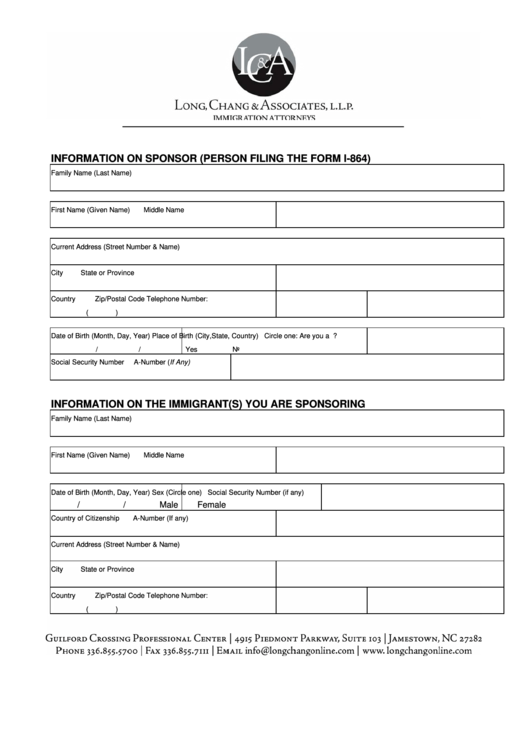 Information On Sponsor (Person Filing The Form I-864) Printable pdf