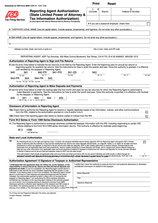 Fillable Substitute For Irs Form 8655 Reporting Agent Authorization 