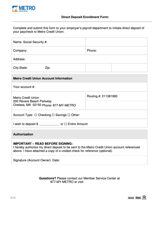 Fillable Direct Deposit Enrollment Form Printable pdf
