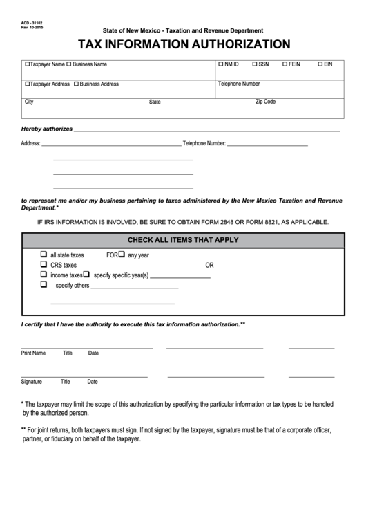 Form 8821 - Tax Information Authorization Printable pdf