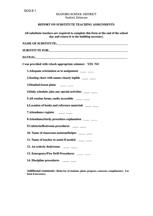 Report On Substitute Teaching Assignments Printable pdf