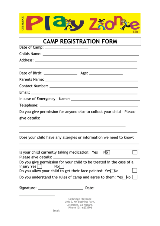 Camp Registration Form Printable pdf