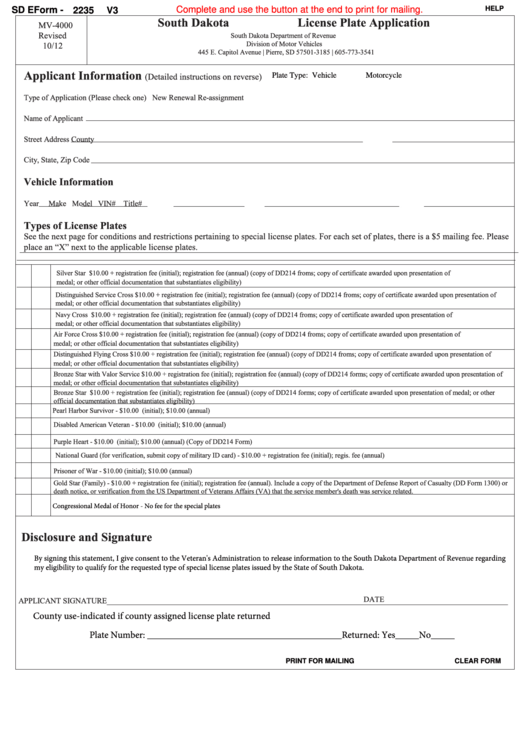Fillable Sd Eform-2235 - South Dakota Military License Plate Application Printable pdf