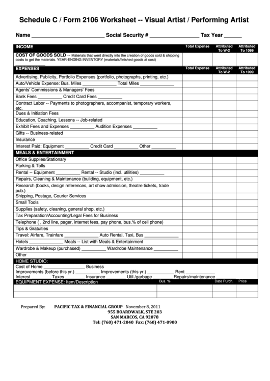 Schedule C / Form 2106 Worksheet - Visual Artist / Performing Artist Printable pdf