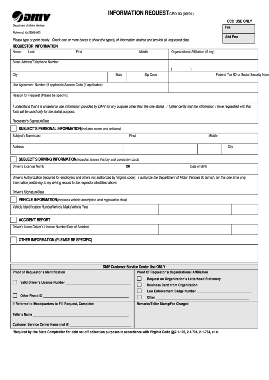Fillable Form Crd-93 - Information Request Printable pdf