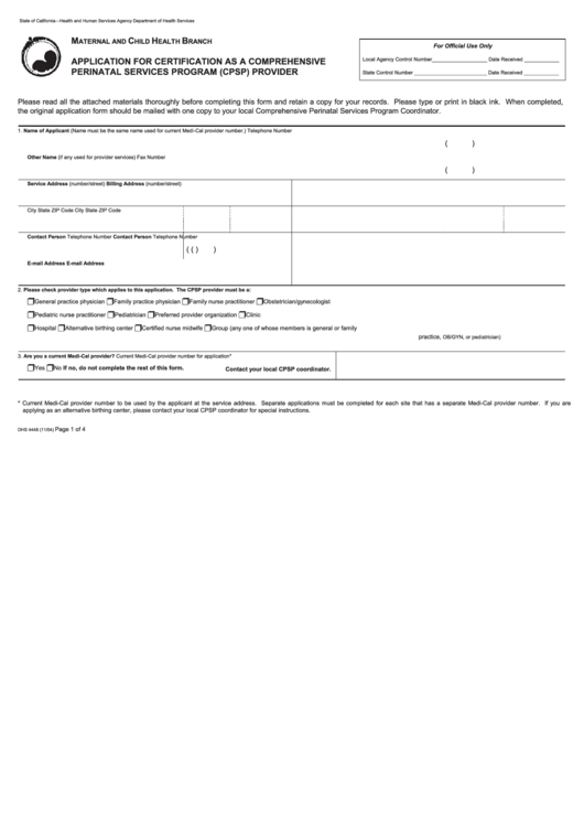Form Dhs 4448 (11/04) - Application For Certification As A Comprehensive Perinatal Services Program Provider