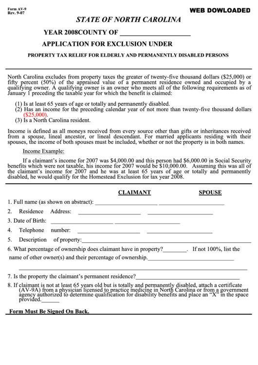 Form Av-9 - Application For Exclusion Under G.s. 105-277.1 - 2008 Printable pdf