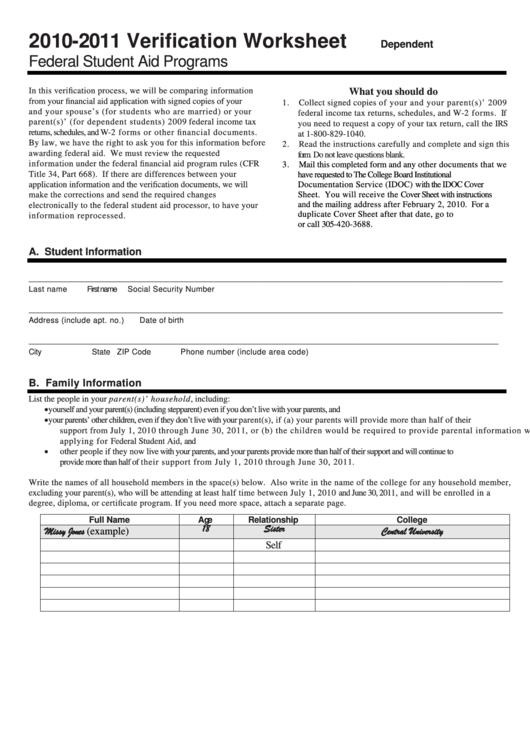 2010-2011 Verification Worksheet Template Printable pdf