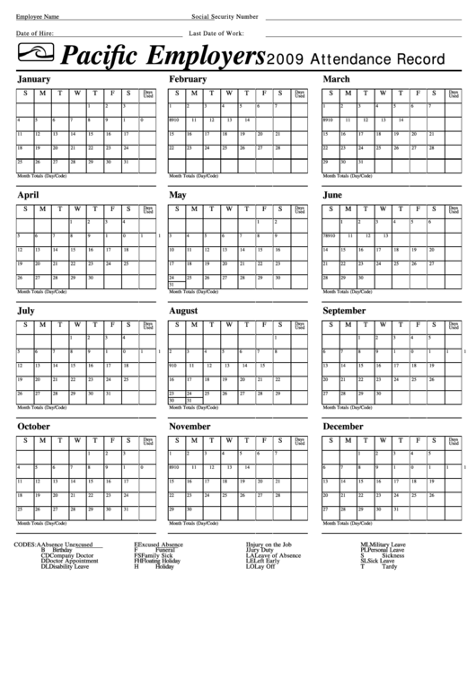 Attendance Record Calendar Template - Pacific Employers - 2009 Printable pdf