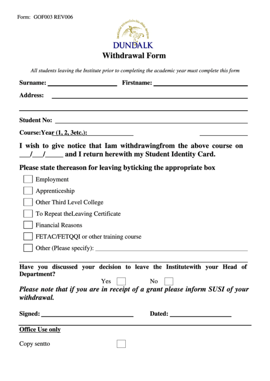 Institute Withdrawal Form Printable pdf