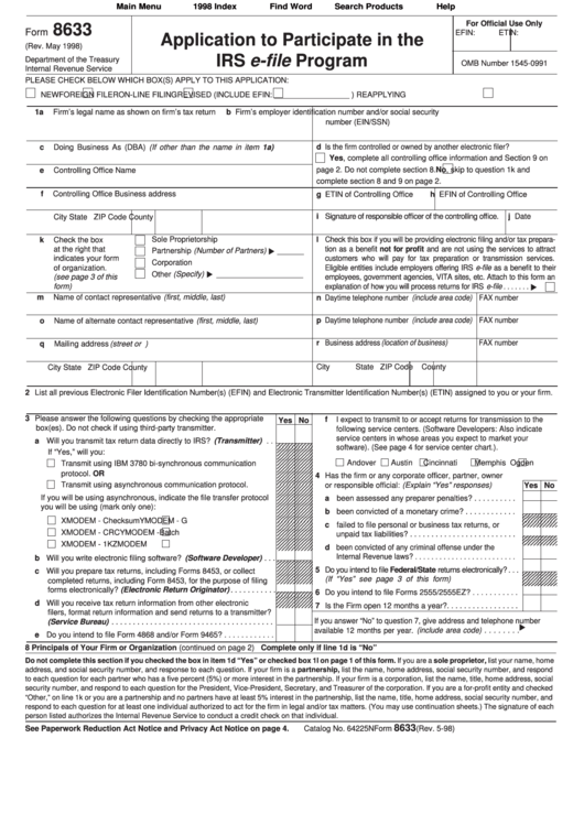 Fillable Form 8633 - Application To Participate In The Irs E-File Program - 1998 Printable pdf