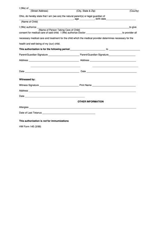 Hw Form 145 - Consent To Treat Minor Printable pdf