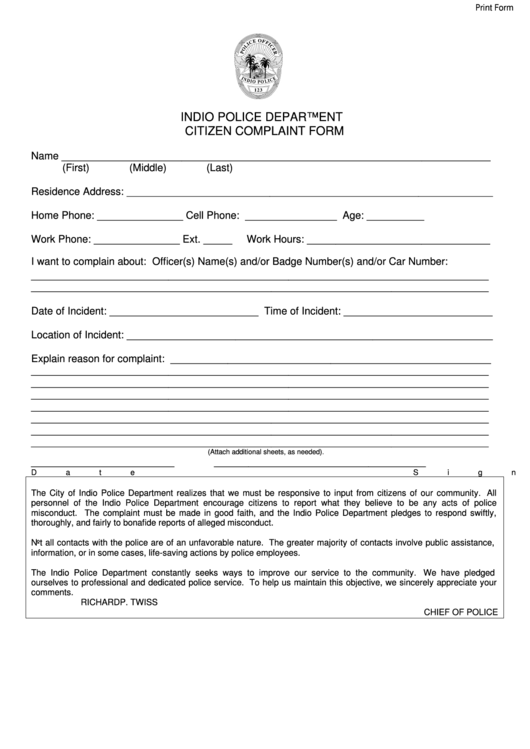 Fillable Indio Police Department Citizen Complaint Form Printable pdf