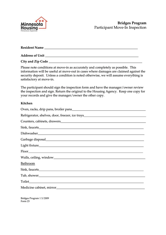 Bridges Program Participant Move-In Inspection Form Printable pdf
