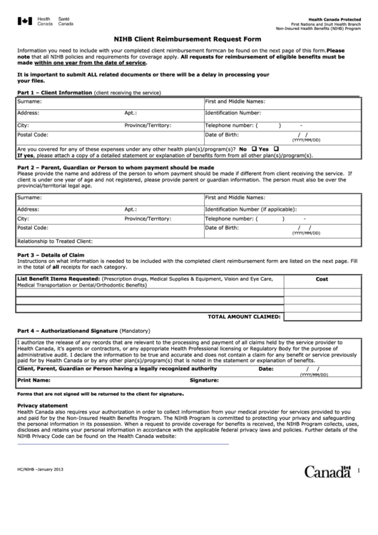 Form Hc/nihb - Nihb Client Reimbursement Request Form Printable pdf