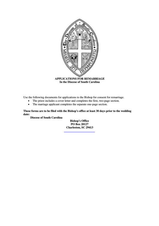 Fillable Applications For Remarriage In The Diocese Of South Carolina Printable pdf