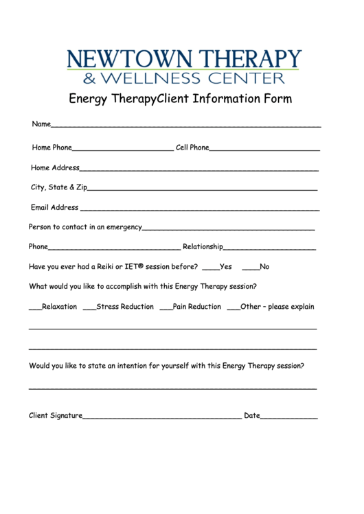 Energy Therapy Client Information Form Printable pdf