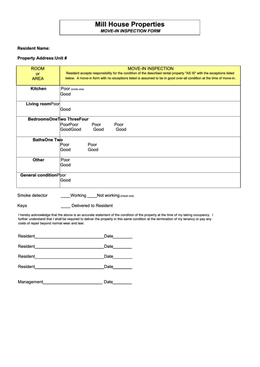 Move-In Inspection Form Printable pdf