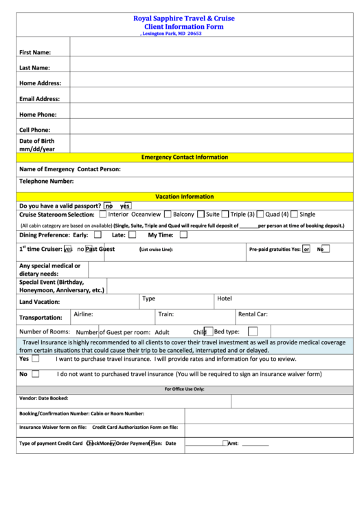 Royal Sapphire Travel & Cruise Client Information Form Printable pdf