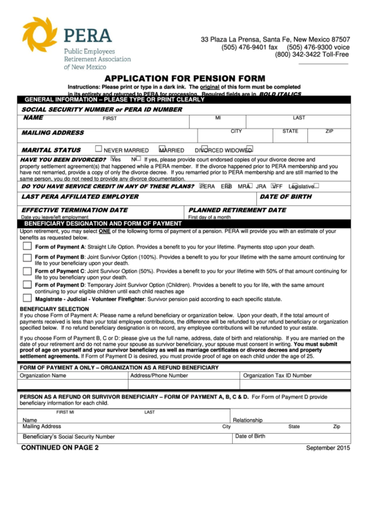 Application For Pension Form Printable pdf