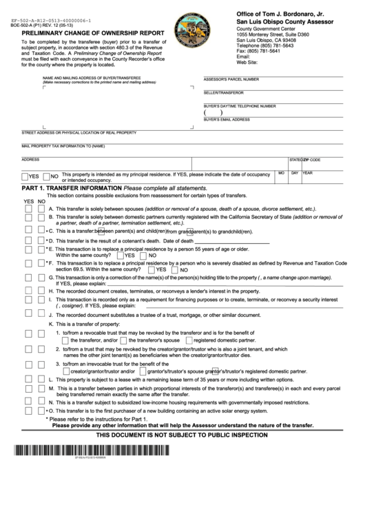 Form Boe-502-a (p1) - Preliminary Change Of Ownership Report - San Luis Obispo, Ca - 2013