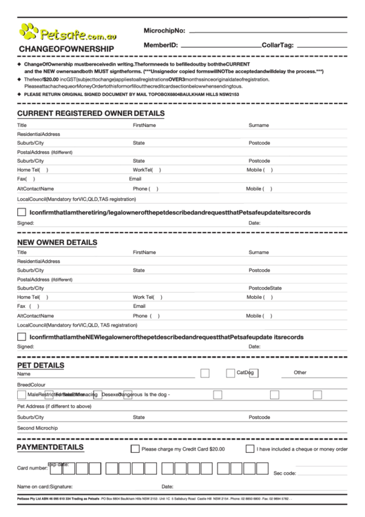 Pet Change Of Ownership Form Printable Pdf Download