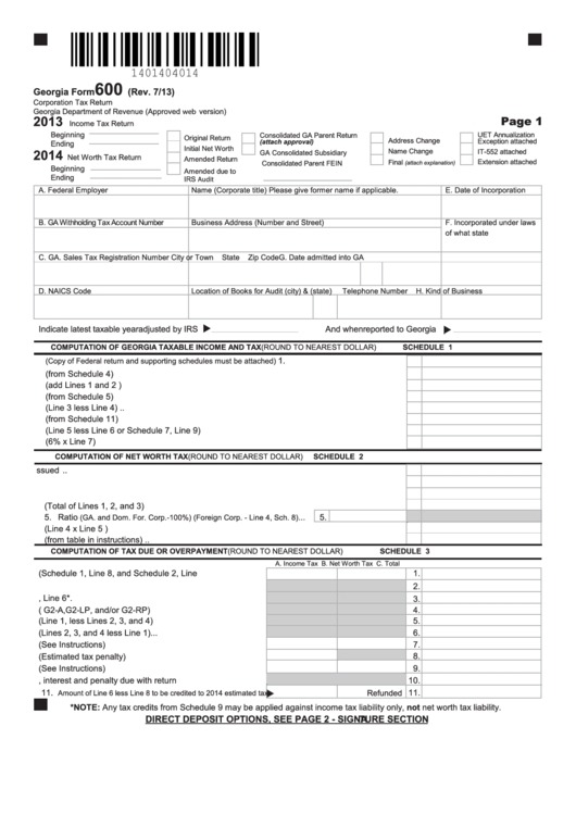 Georgia Form 600 Corporation Tax Return 2013 2014 Printable Pdf Download