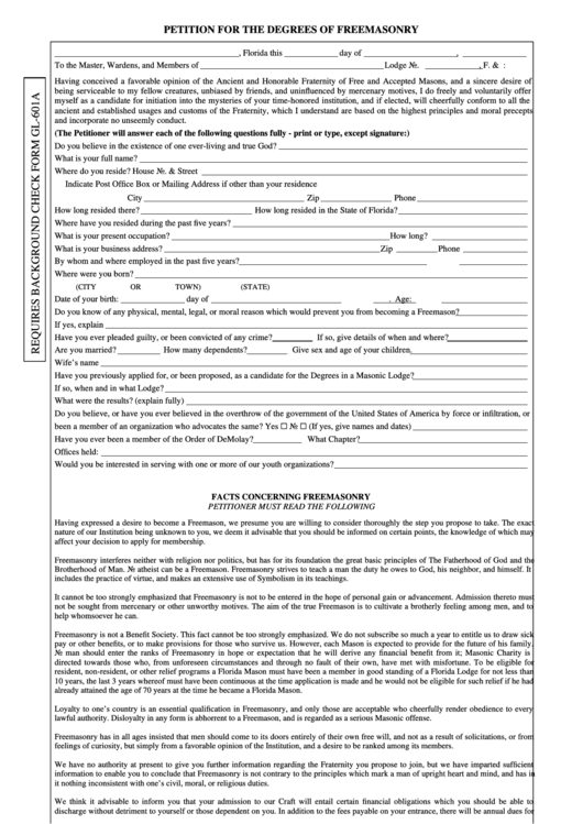 Fillable Form Gl-601 - Petition For The Degrees Of Freemasonry Printable pdf