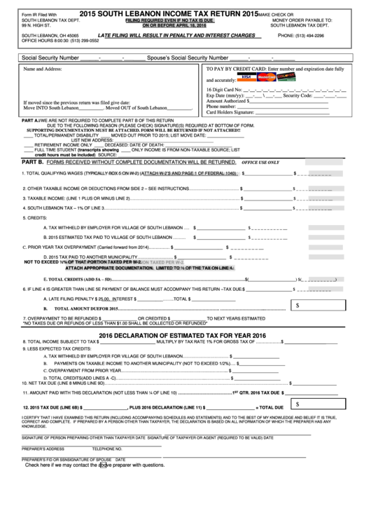 Form Ir - South Lebanon Income Tax Return - 2015 Printable pdf