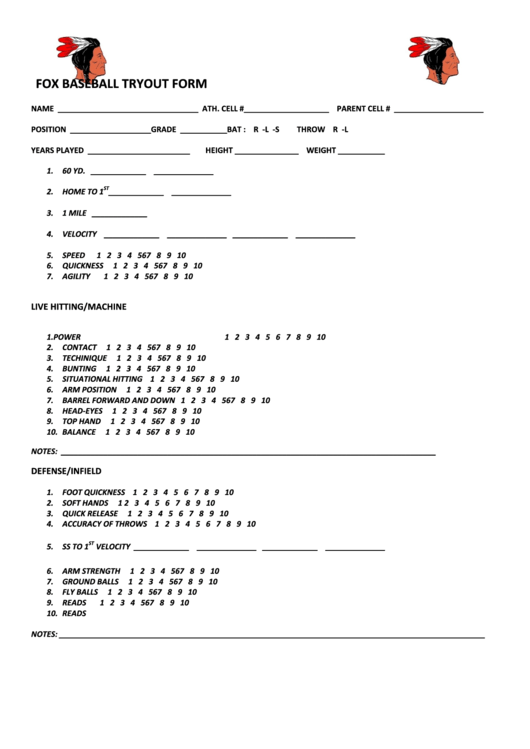 Fox Baseball Tryout Form Printable pdf