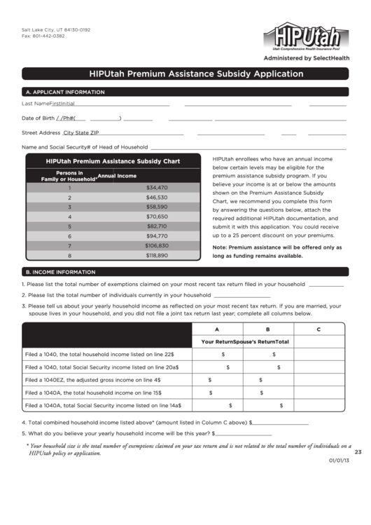 Hiputah Premium Assistance Subsidy Application Printable pdf