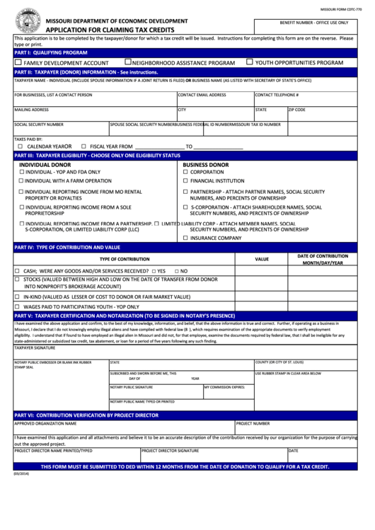 Missouri Form Cdtc-770 - Application For Claiming Tax Credits - Missouri Department Of Economic Development Printable pdf