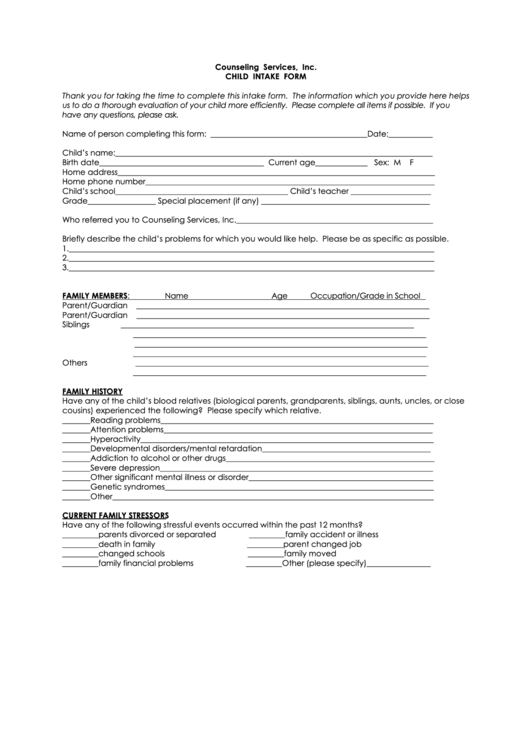Child Intake Form Printable pdf