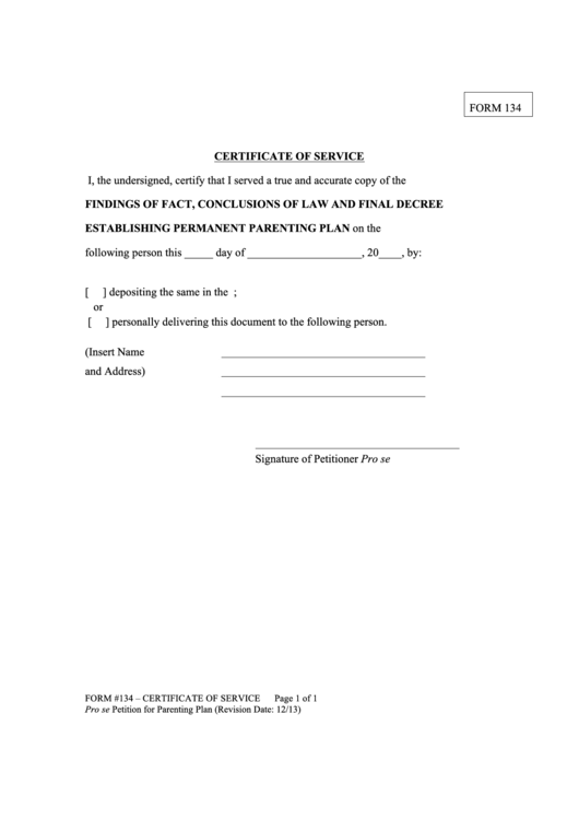 Form 134 - Certification Of Service Printable pdf