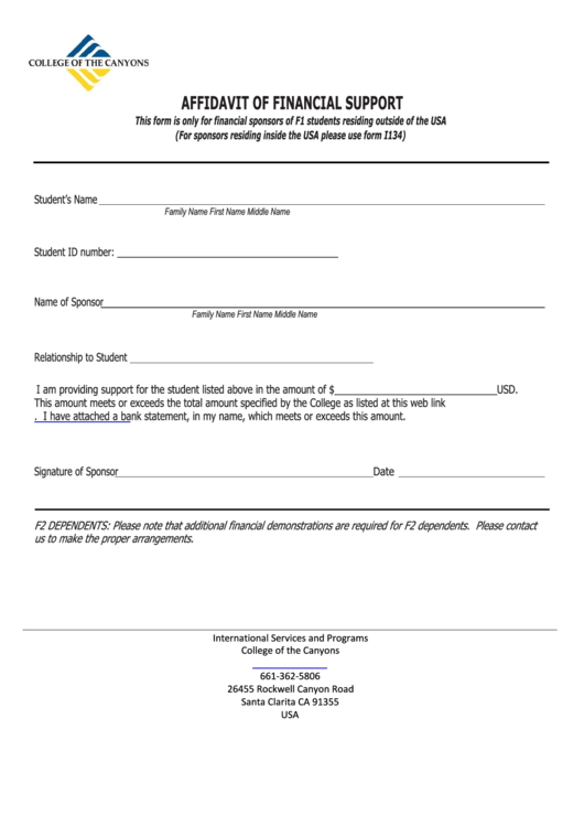 Affidavit Of Support - Form I-134 Printable pdf