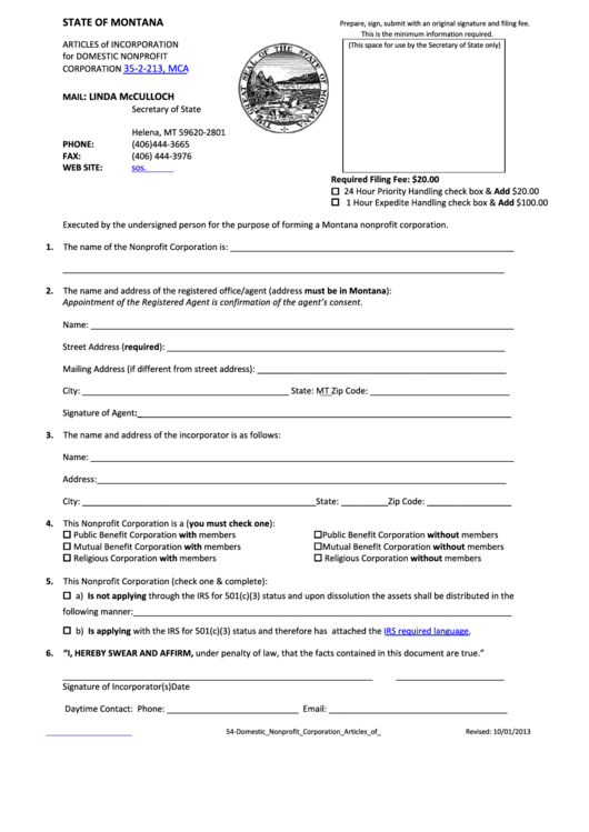 Articles Of Incorporation For Domestic Nonprofit Corporation Form - Secretary Of State - 2013 Printable pdf
