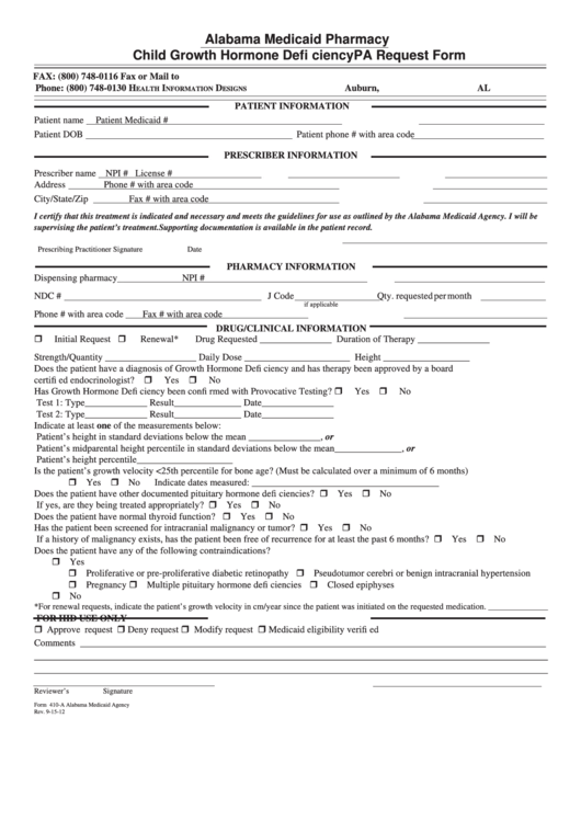 Form 410-A - Child Growth Hormone Deficiency Pa Request Form Printable pdf