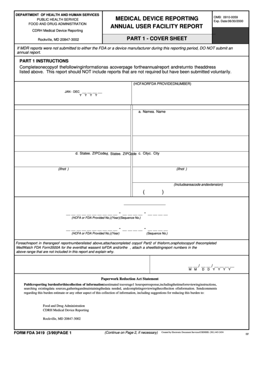 Form Fda 3419 (3/99) - Medical Device Reporting Annual User Facility Report Form Printable pdf