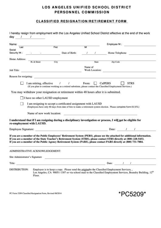Classified Resignation/retirement Form Printable pdf