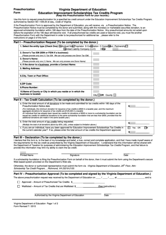Education Improvement Scholarships Tax Credits Program - Preauthorization Form (Revised 7/2015) Printable pdf