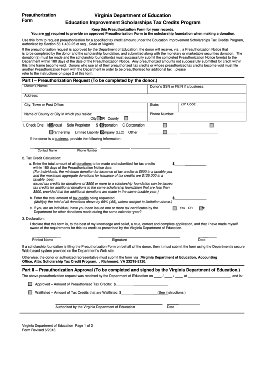 Education Improvement Scholarships Tax Credits Program - Preauthorization Form (Revised 6/2013) Printable pdf