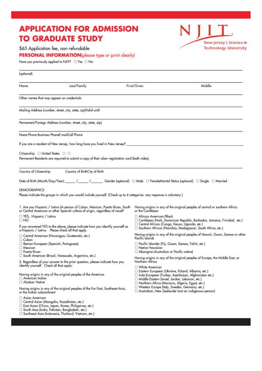 Njit Application For Admission To Graduate Study Printable pdf