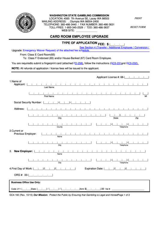 Fillable Card Room Employee Upgrade Form Printable pdf