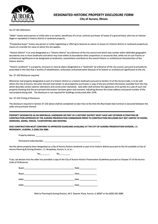 City Of Aurora Designated Historic Property Disclosure Form Printable pdf