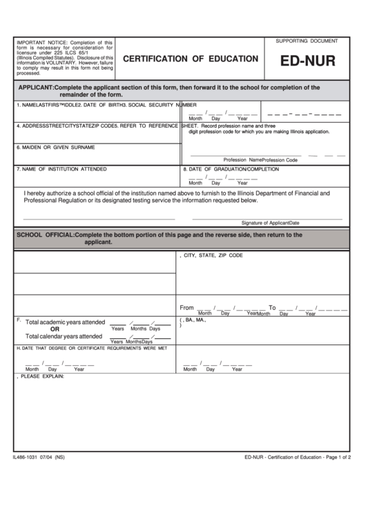 Nurse Certification Of Education Form (Ed-Nur) - Continental Testing Services Printable pdf