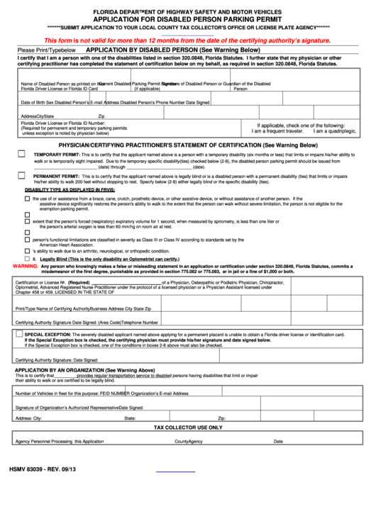 Fillable Form Hsmv 83039 - Application For Disabled Person Parking Permit - Florida Department Of Highway Safety And Motor Vehicles - 2013 Printable pdf