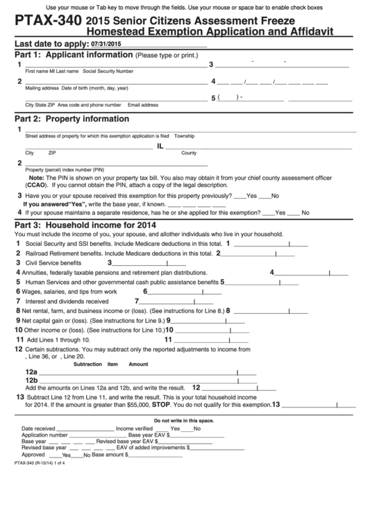 Fillable Form Ptax-340 - Senior Citizens Assessment Freeze Homestead Exemption Application And Affidavit - 2015 Printable pdf