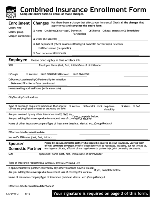 Fillable Form Ciefdpw-3 1/16 - Awc Combined Insurance Enrollment Form Printable pdf