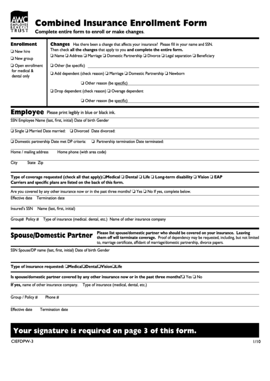 Combined Insurance Enrollment Form - City Of Toppenish Printable pdf
