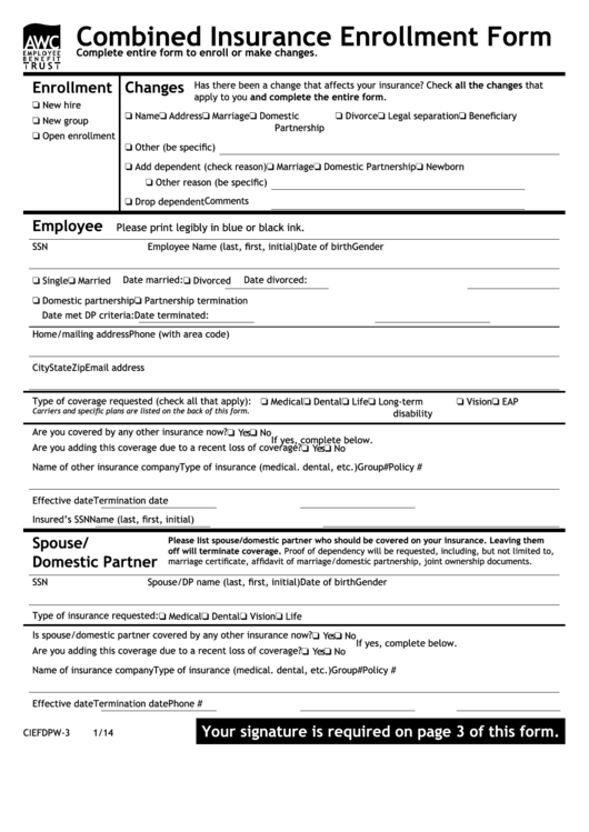 Fillable Form Ciefdpw-3 1/14 - Combined Insurance Enrollment Form Printable pdf